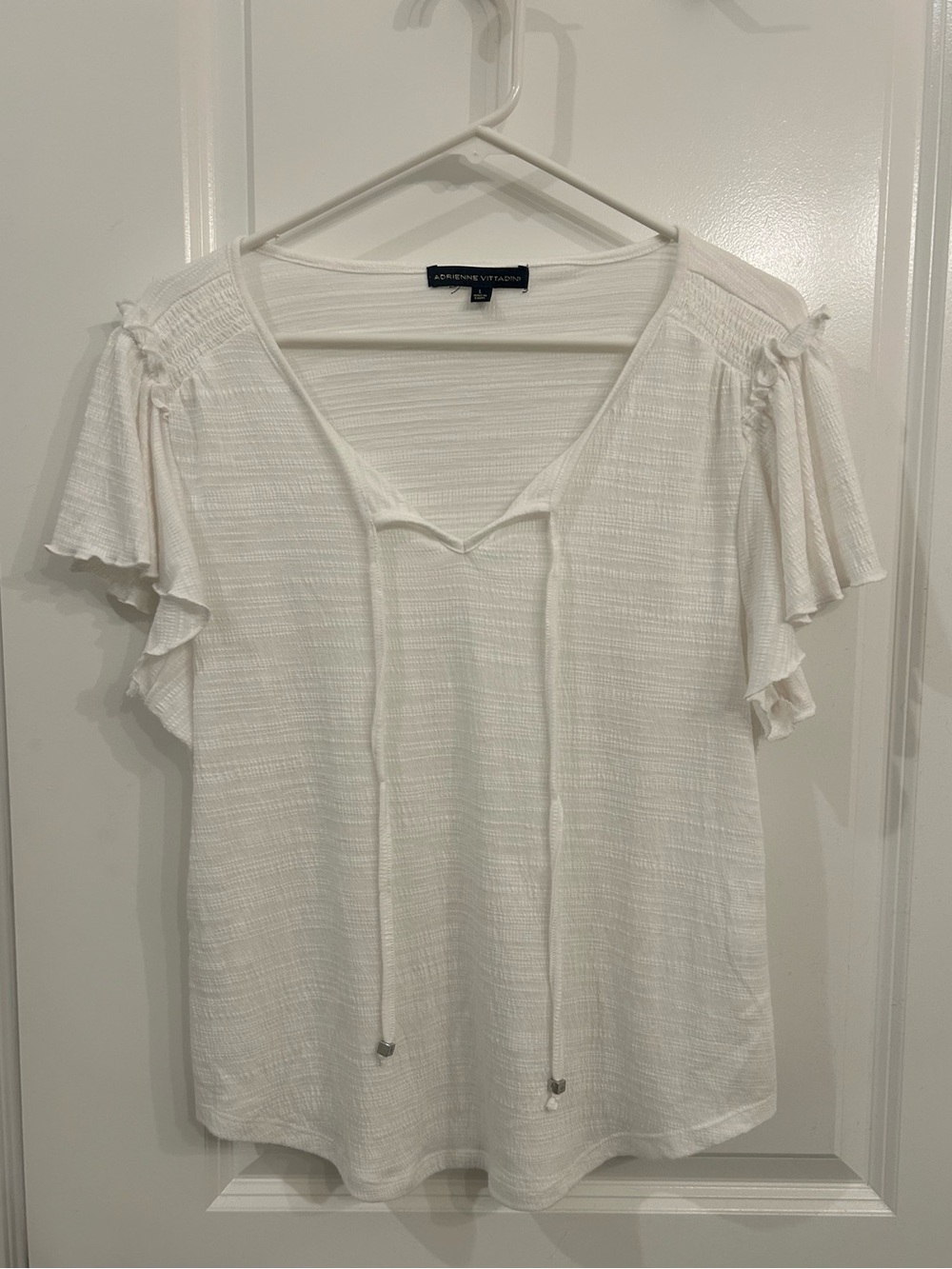 Adrienne Vittadini White Short Sleeve Tie-Front Textured Top